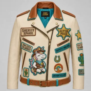 Sheriff Spark Unicorn Patch Leather Jacket