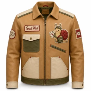 Front view of tan and green Snail Mail leather jacket featuring snail mail carrier mascot and envelope patches.