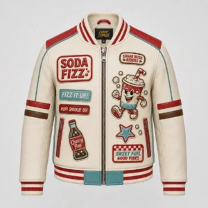 Front view of men's off-white Soda Fizz bomber patch jacket with vintage soda patches and red striped trim.