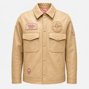 Front view of men's tan Sprinkle Scout cookie patch jacket featuring chest flap pockets and embroidered badges.