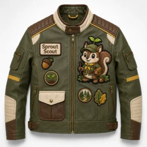 Front view of men's green Sprout Scout café racer leather motorcycle jacket with scout badges and acorn patches.