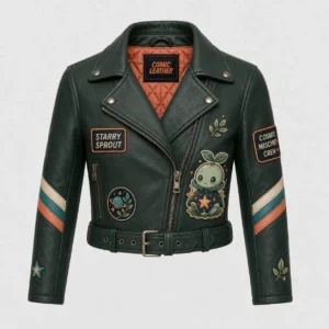 Front flat lay view of women's dark green leather moto jacket with orange quilted inner lining, lapel collar, belted waist, and cosmic plant character patches.