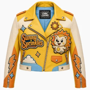 Front view of women's Sunny Sprinkles yellow and cream leather moto jacket featuring hedgehog character patch and script badge.