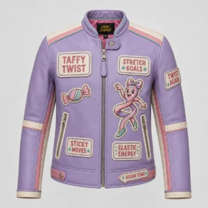 Front view of women's lavender Taffy Twist café racer leather jacket with candy patches and cream trim.