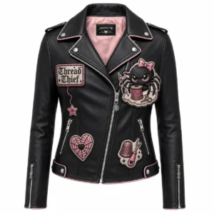Front view of women's black Thread Thief leather motorcycle jacket with asymmetric zipper, pink trim, and spiderweb heart patch.