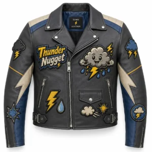 Front view of men's Thunder Nugget leather moto jacket featuring asymmetrical zip, cloud character patch, and script badge.