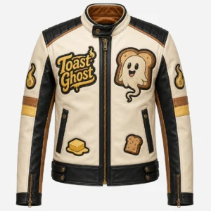 Front view of men's Toast Ghost cream leather café racer jacket with black shoulder padding, band collar, and script patches.