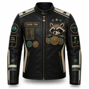 Front view of men's black Token Tony leather café racer jacket with raccoon token patch, arcade slot emblem, and cream racing stripes.