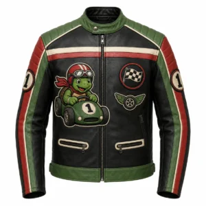 Front view of black leather racing jacket featuring green shoulder panels, red sleeve accents, zipped pockets, and a cartoon turtle race car patch.
