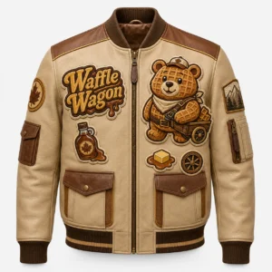 Front view of men's beige Waffle Wagon leather bomber jacket featuring waffle bear mascot, syrup bottle patch, and cargo pockets.