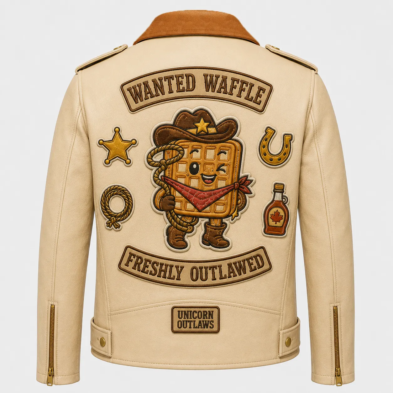 Back view of men's beige leather jacket featuring cowboy waffle mascot, Freshly Outlawed banner, and Wild West patches.
