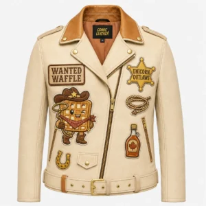 Front view of men's red Gummy Gear Bear leather jacket with mechanic patches and cream trim.
