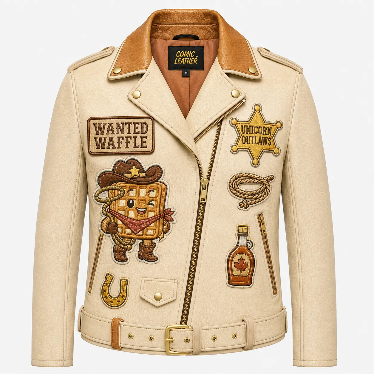 Front view of men's red Gummy Gear Bear leather jacket with mechanic patches and cream trim.
