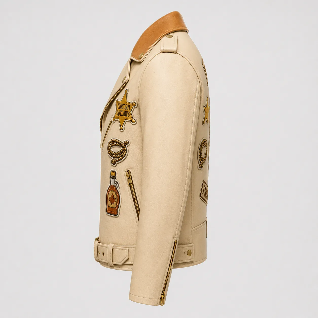 Left profile view of men's beige leather jacket highlighting Unicorn Outlaws star, lasso rope, and maple syrup patches.