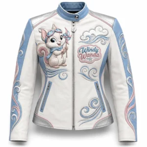 Front view of women's white Windy Wanda biker leather jacket with flying squirrel pinwheel patch, Windy Wanda logo, and sky-blue mandarin collar.