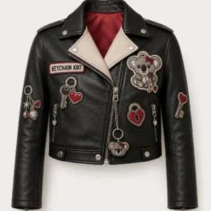 Front view of women's black and cream Keychain Kiki koala biker leather jacket with key patches and zipper closure.