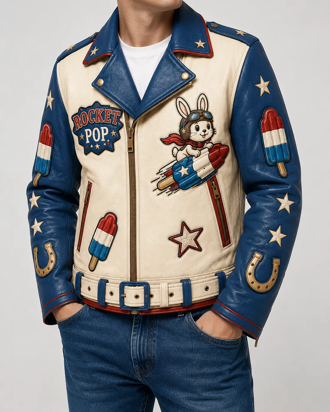 Model wearing women's Rocket Pop cream and blue moto leather jacket styled with denim jeans.