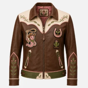Front view of women's brown Wrangler Worm leather jacket featuring cream Western shoulder yoke, pink horseshoe patch, and vine embroidery.