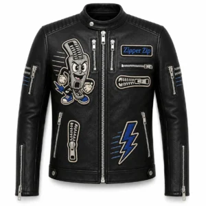 Front view of men's black Zipper Zip leather biker jacket with cartoon zipper patches and blue lightning bolt graphic.